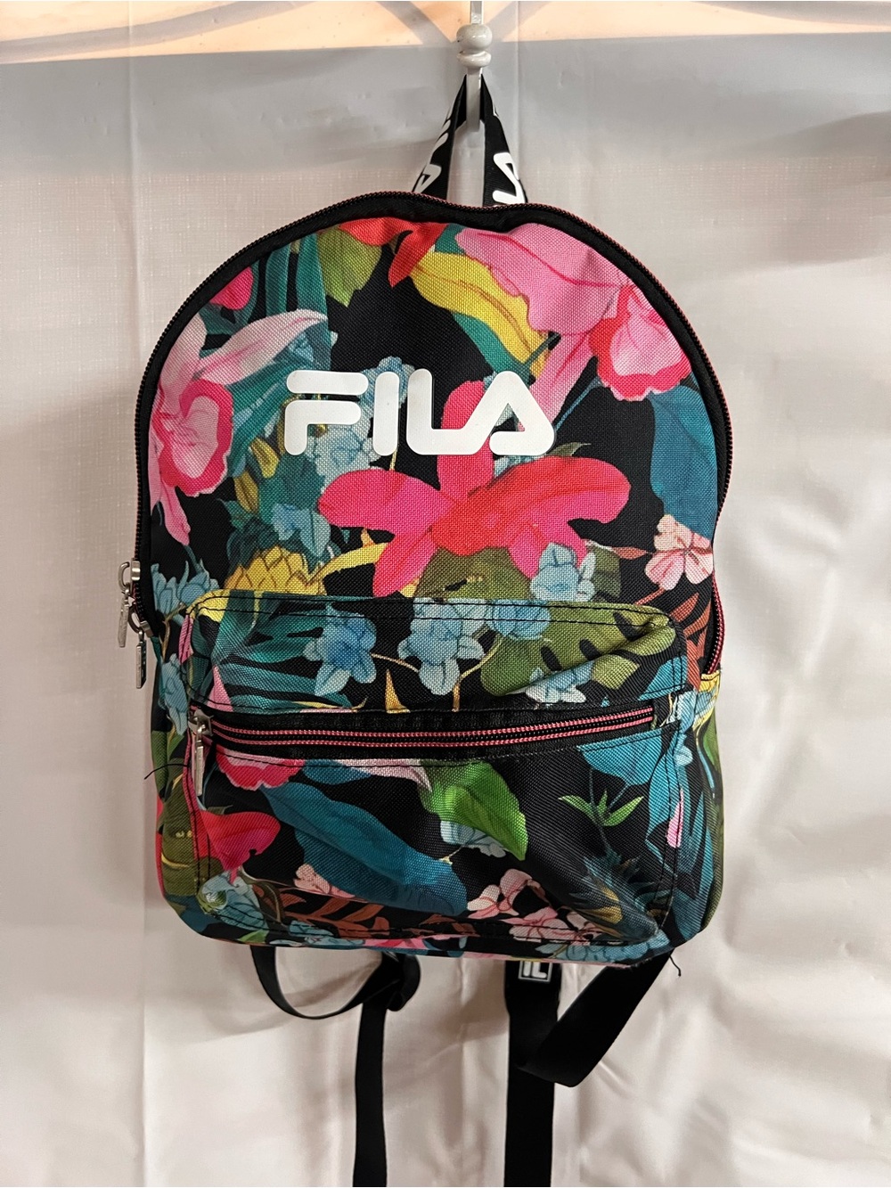 FILA Black Floral Mini Backpack with Bright Tropical Blooms